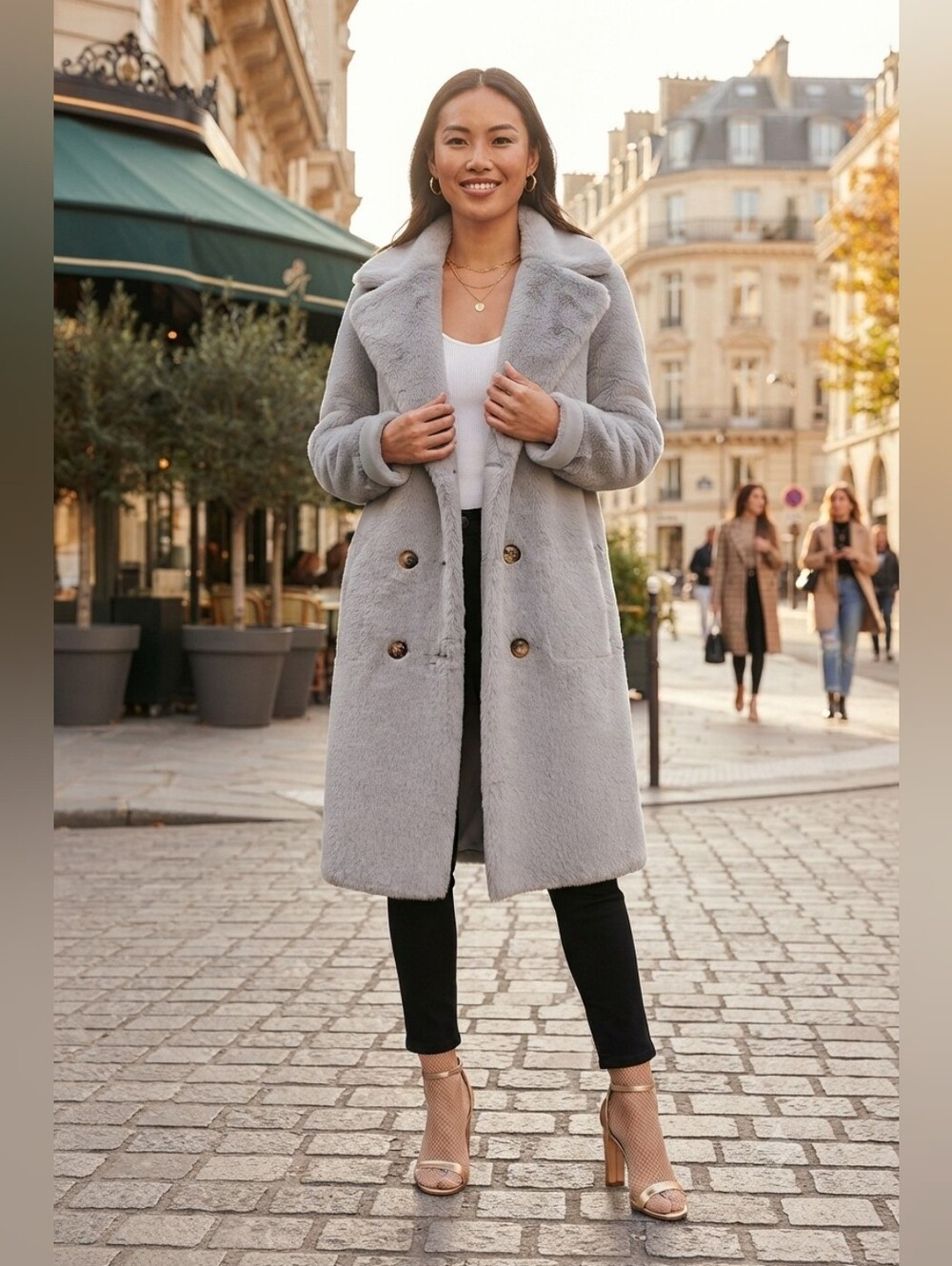 Love Token Light Gray Double-Breasted Faux Fur Pea Coat